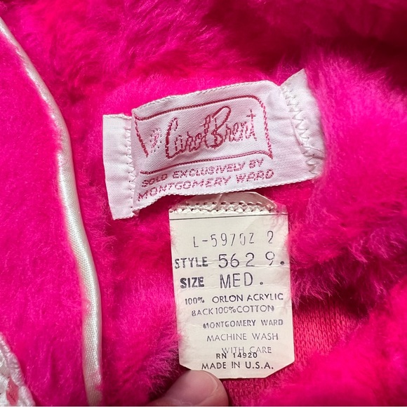 Carol Brent 1960s vintage neon pink robe Barbie flowers fuzzy medium - Picture 4 of 4
